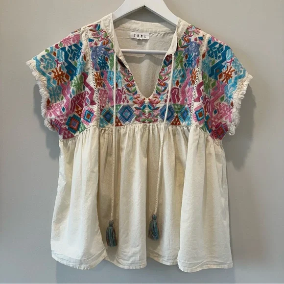 THML Embroidered Cotton Blouse Top Short Sleeve Casual Boho Resortwear Small - Picture 2 of 11